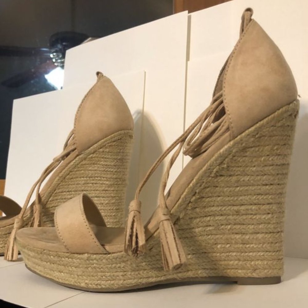 Pink/Tan Wedges with Lace-Up Calf Straps - Size 7.